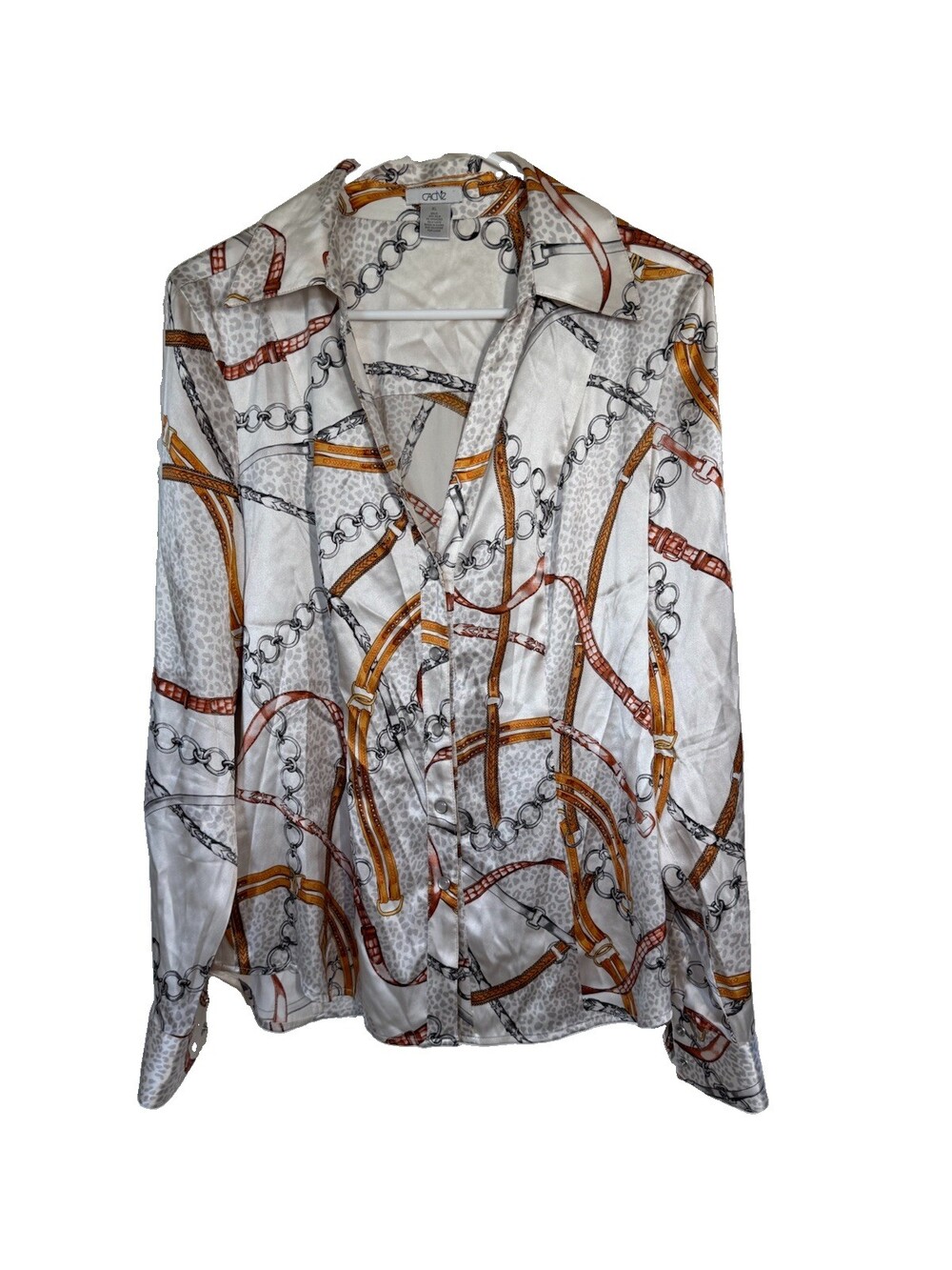 👢Vintage Caché Silk Satin Equestrian Chain Print Blouse XL RARE